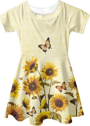 Girls Short Sleeve Dress Casual Twirly Crew Neck Dress Ruffle Swing A-line Summer Sundress for Toddler Kids in Saudi Arabia