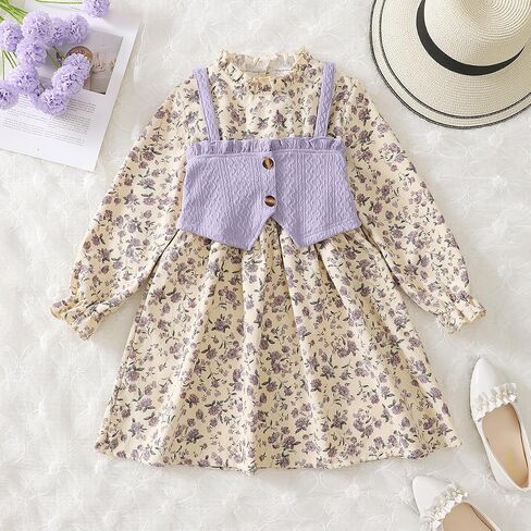 Girls Dress Lavender Floral with Layered Bustier & Ruffles, Vintage Button Detailed Dress 4-7Y in Kuwait