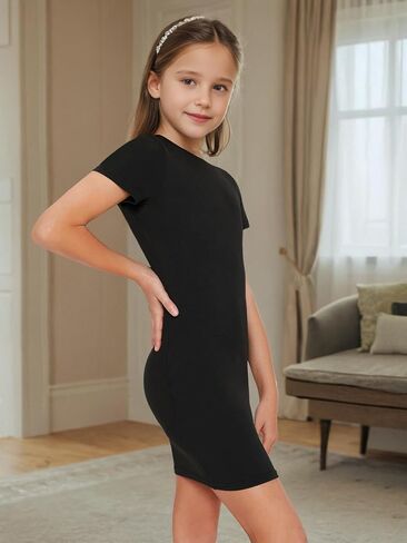 Girls Bodycon Tee Shirt Dress Summer Casual Short Sleeve Crew Neck Mini Tight Short Pencil Dresses for 7-14Y in Saudi Arabia