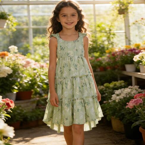Girls Summer Dress - Soft Cotton Sleeveless Floral Wedding Guest Dress, Little Princess Casual Party Outfits in Kuwait