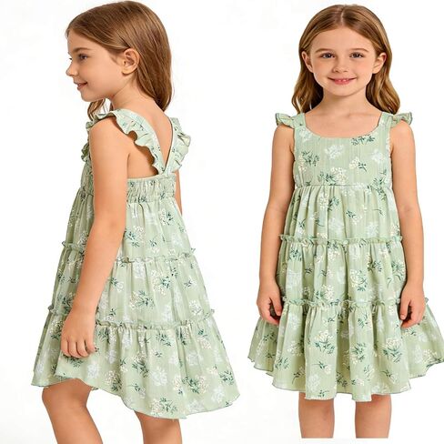 Girls Summer Dress - Soft Cotton Sleeveless Floral Wedding Guest Dress, Little Princess Casual Party Outfits in Kuwait