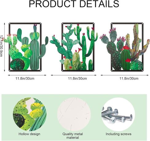 pechpell 3 Piece Green Metal Cactus Wall Decor, 12.2×11.8 Inch Southwestern Desert Plants Wall Art Sculpture, Western Arizona Bathroom Living Room Bedroom Decorations for Home in Saudi Arabia