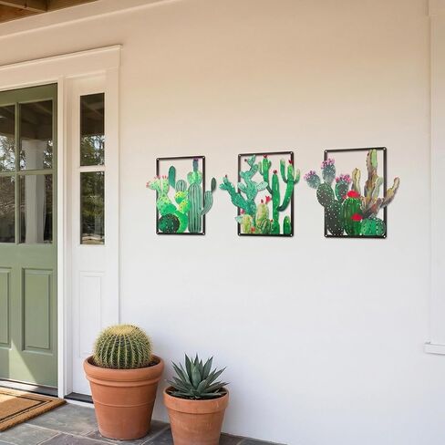 pechpell 3 Piece Green Metal Cactus Wall Decor, 12.2×11.8 Inch Southwestern Desert Plants Wall Art Sculpture, Western Arizona Bathroom Living Room Bedroom Decorations for Home in Saudi Arabia