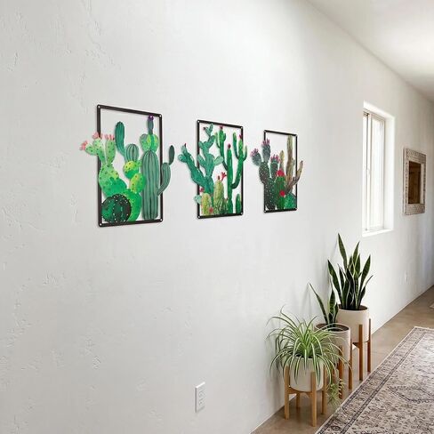 pechpell 3 Piece Green Metal Cactus Wall Decor, 12.2×11.8 Inch Southwestern Desert Plants Wall Art Sculpture, Western Arizona Bathroom Living Room Bedroom Decorations for Home in Saudi Arabia