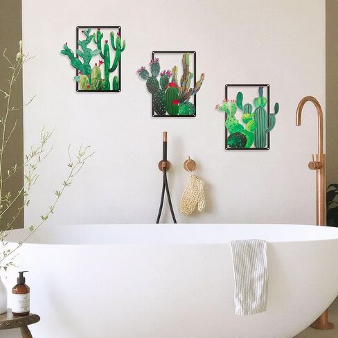 pechpell 3 Piece Green Metal Cactus Wall Decor, 12.2×11.8 Inch Southwestern Desert Plants Wall Art Sculpture, Western Arizona Bathroom Living Room Bedroom Decorations for Home in Saudi Arabia
