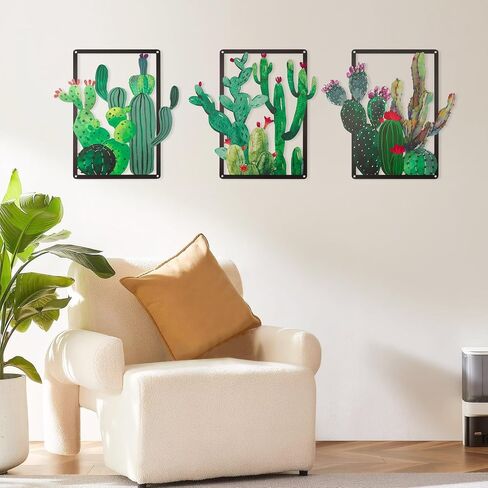 pechpell 3 Piece Green Metal Cactus Wall Decor, 12.2×11.8 Inch Southwestern Desert Plants Wall Art Sculpture, Western Arizona Bathroom Living Room Bedroom Decorations for Home in Saudi Arabia