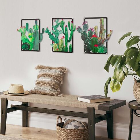 pechpell 3 Piece Green Metal Cactus Wall Decor, 12.2×11.8 Inch Southwestern Desert Plants Wall Art Sculpture, Western Arizona Bathroom Living Room Bedroom Decorations for Home in Saudi Arabia