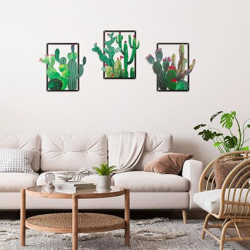 pechpell 3 Piece Green Metal Cactus Wall Decor, 12.2×11.8 Inch Southwestern Desert Plants Wall Art Sculpture, Western Arizona Bathroom Living Room Bedroom Decorations for Home in Saudi Arabia