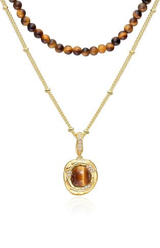 ARSIS Double Layered Necklace for Women, Red Agate/Tiger's Eye/Mother of Pearl Beaded Choker & Stack Chain Pendant Necklace, Jewelry Mother’s Day Gift in Saudi Arabia