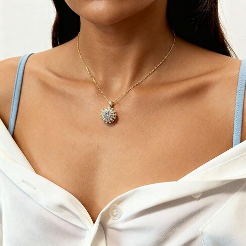 18K Gold Plated Sunflower Pendant Necklace for Women – Moissanite Center Stone with CZ Accents, Adjustable Sunburst Jewelry Gift in Saudi Arabia