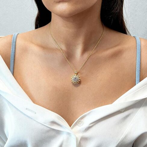 18K Gold Plated Sunflower Pendant Necklace for Women – Moissanite Center Stone with CZ Accents, Adjustable Sunburst Jewelry Gift in Saudi Arabia