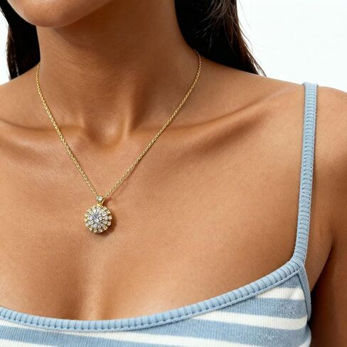 18K Gold Plated Sunflower Pendant Necklace for Women – Moissanite Center Stone with CZ Accents, Adjustable Sunburst Jewelry Gift in Saudi Arabia