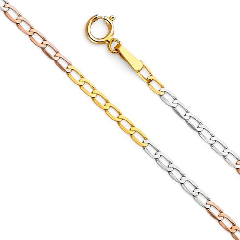 14k حقيقي ثلاثي اللون ذهبي صلب 1.5 ملم فيجارو 1/1 سلسلة مفتوحة مع مشبك حلقة زنبركية in Kuwait