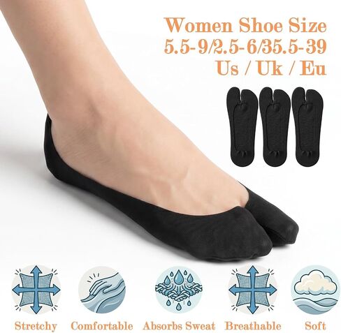 3 Pairs Tabi Socks Women, Split Toe Design, Non-Slip Low Cut Socks for Tabi Shoes and Flats, Black in Saudi Arabia