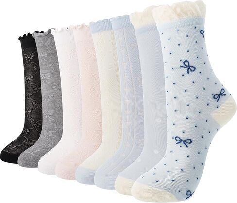 Women's Sheer Ruffle Socks, 8 Pairs Summer Lace Mesh Socks Cute Frilly Sock with Bow Butterfly Polka Dots in Kuwait