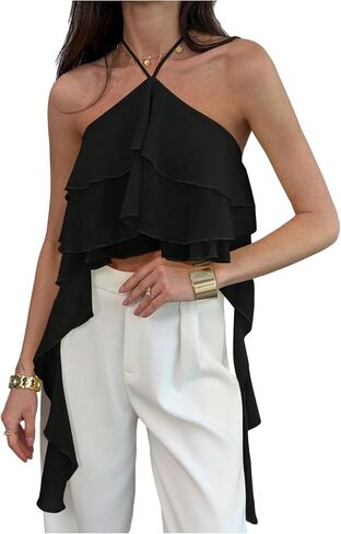MakeMeChic Women's Cute Summer Ruffle Halter Crop Tank Top Layered Flowy Y2k Going Out Tops in Kuwait