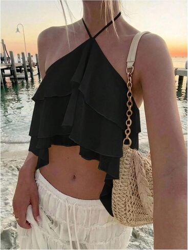 MakeMeChic Women's Cute Summer Ruffle Halter Crop Tank Top Layered Flowy Y2k Going Out Tops in Kuwait