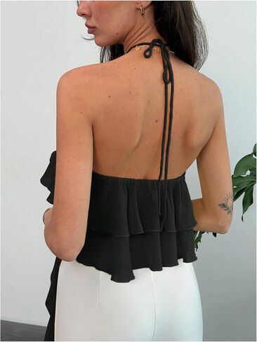 MakeMeChic Women's Cute Summer Ruffle Halter Crop Tank Top Layered Flowy Y2k Going Out Tops in Kuwait