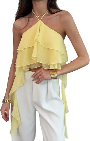 MakeMeChic Women's Cute Summer Ruffle Halter Crop Tank Top Layered Flowy Y2k Going Out Tops in Saudi Arabia