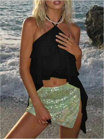 MakeMeChic Women's Cute Summer Ruffle Halter Crop Tank Top Layered Flowy Y2k Going Out Tops in Kuwait