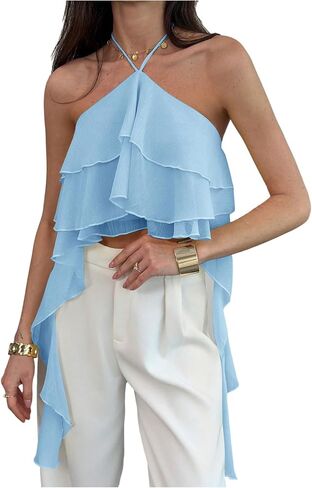 MakeMeChic Women's Cute Summer Ruffle Halter Crop Tank Top Layered Flowy Y2k Going Out Tops in Kuwait