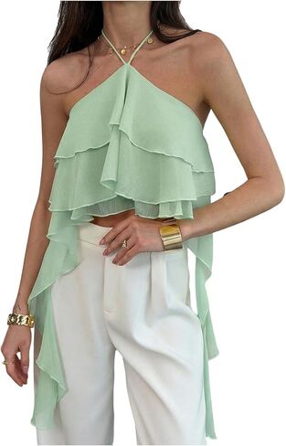 MakeMeChic Women's Cute Summer Ruffle Halter Crop Tank Top Layered Flowy Y2k Going Out Tops in Kuwait