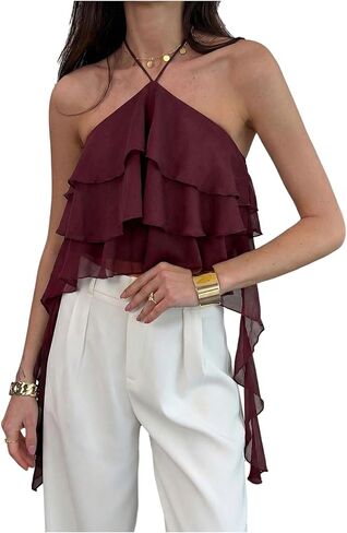MakeMeChic Women's Cute Summer Ruffle Halter Crop Tank Top Layered Flowy Y2k Going Out Tops in Kuwait