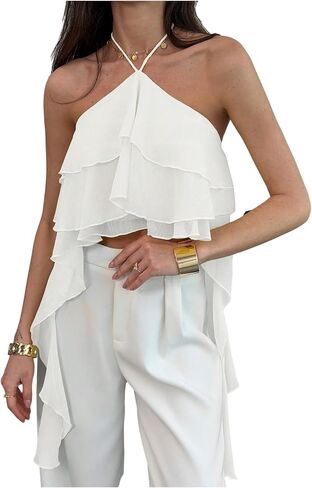 MakeMeChic Women's Cute Summer Ruffle Halter Crop Tank Top Layered Flowy Y2k Going Out Tops in Kuwait