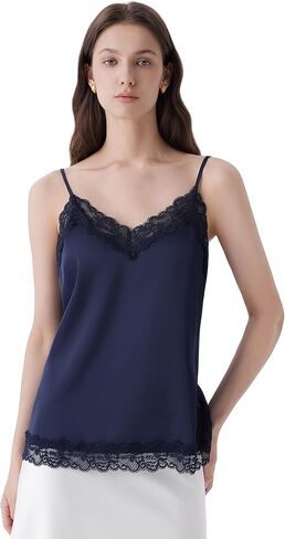 SUUKSESS Women Silk Satin Camisole Tops Sexy Lace Trim V Neck Tank Top Summer Sleeveless Shirts in Kuwait
