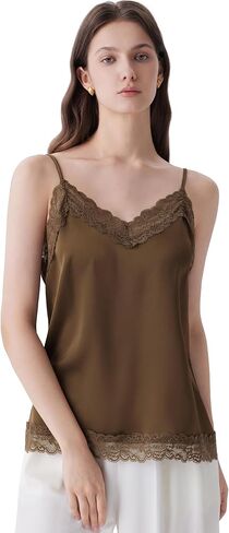 SUUKSESS Women Silk Satin Camisole Tops Sexy Lace Trim V Neck Tank Top Summer Sleeveless Shirts in Kuwait