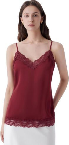 SUUKSESS Women Silk Satin Camisole Tops Sexy Lace Trim V Neck Tank Top Summer Sleeveless Shirts in Kuwait