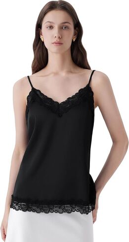SUUKSESS Women Silk Satin Camisole Tops Sexy Lace Trim V Neck Tank Top Summer Sleeveless Shirts in Kuwait