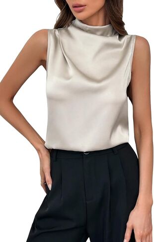 SweatyRocks Women's Mock Neck Satin Tank Tops Business Casual Work Sleeveless Blouses in Kuwait