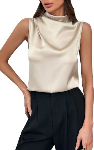 SweatyRocks Women's Mock Neck Satin Tank Tops Business Casual Work Sleeveless Blouses in Kuwait
