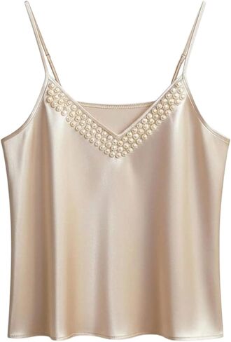 OYOANGLE Women's Satin Camisole Tank Top Pearl V Neck Spaghetti Strap Silky Cocktail Party Tops in Saudi Arabia