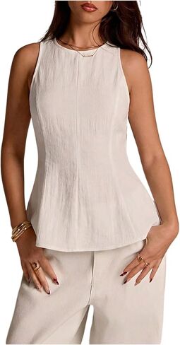 OYOANGLE Women's Sleeveless Crew Neck Peplum Blouse Ruffle Hem Tank Tops Dressy Casual Work Top in Kuwait