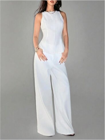 OYOANGLE Women's Sleeveless Crew Neck Peplum Blouse Ruffle Hem Tank Tops Dressy Casual Work Top in Kuwait