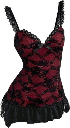 OYOANGLE Women's Gothic Floral Lace Camisole Ruffle Spaghetti Strap Bow Tops Sleeveless Rave Festival Cami Top in Saudi Arabia