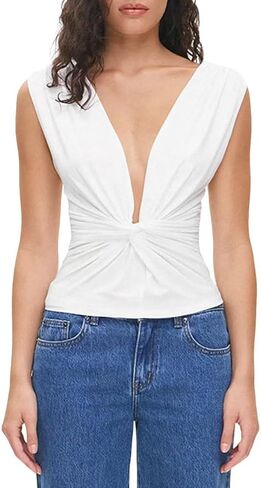 Twist Knot Front Crop Top for Women Ruched Sleeveless Y2K Open Back Vest Camis Blouse Deep V Neck Tank Shirt Low Cut in Saudi Arabia