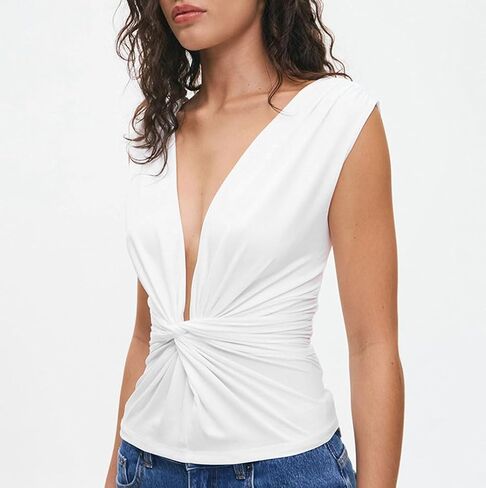 Twist Knot Front Crop Top for Women Ruched Sleeveless Y2K Open Back Vest Camis Blouse Deep V Neck Tank Shirt Low Cut in Saudi Arabia