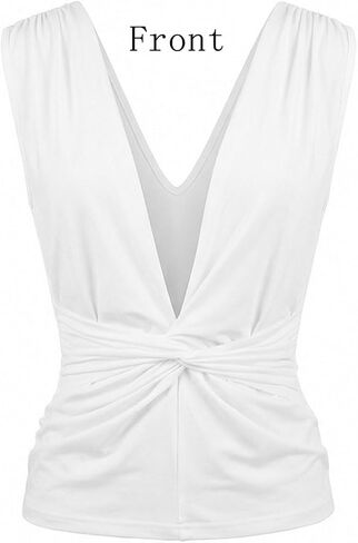 Twist Knot Front Crop Top for Women Ruched Sleeveless Y2K Open Back Vest Camis Blouse Deep V Neck Tank Shirt Low Cut in Saudi Arabia
