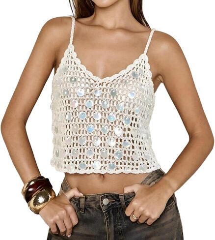 Women Sequin Spaghetti Strap Crochet Crop Top Loose Fit Sparkly V Neck Sleeveless Hollow Out Knit Cropped Cami in Saudi Arabia
