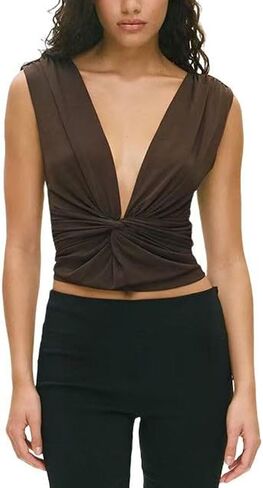 Twist Knot Front Crop Top for Women Ruched Sleeveless Y2K Open Back Vest Camis Blouse Deep V Neck Tank Shirt Low Cut in Saudi Arabia
