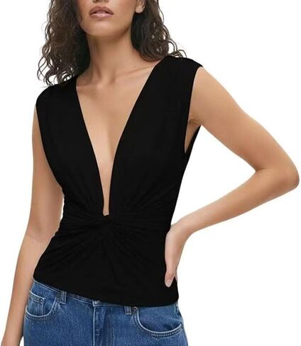 Twist Knot Front Crop Top for Women Ruched Sleeveless Y2K Open Back Vest Camis Blouse Deep V Neck Tank Shirt Low Cut in Saudi Arabia