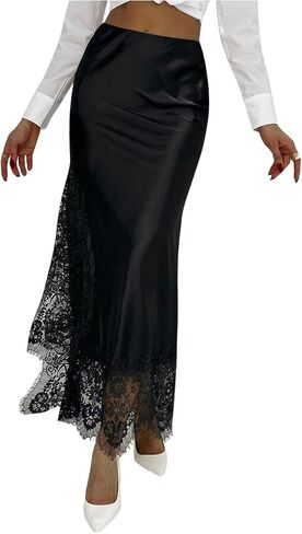 RoseSeek Women's Satin Lace Trim Maxi Skirt with Side Slit High Waisted Flowy Skirts Elegant Outfits in Kuwait