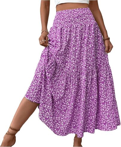 Women's Skirts Women's Summer Comfy Tiered Elastic High Waisted Long Skirt Casual Floral Print A Line Midi Skirts in Kuwait
