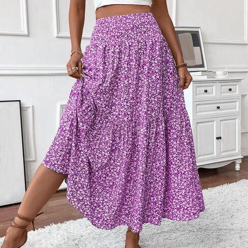 Women's Skirts Women's Summer Comfy Tiered Elastic High Waisted Long Skirt Casual Floral Print A Line Midi Skirts in Kuwait