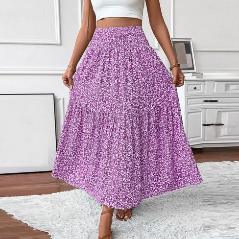 Women's Skirts Women's Summer Comfy Tiered Elastic High Waisted Long Skirt Casual Floral Print A Line Midi Skirts in Kuwait