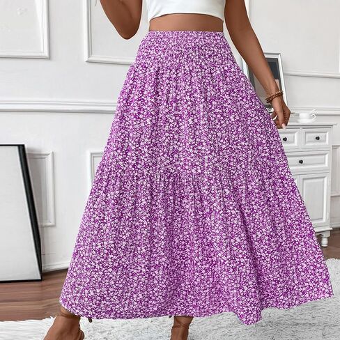 Women's Skirts Women's Summer Comfy Tiered Elastic High Waisted Long Skirt Casual Floral Print A Line Midi Skirts in Kuwait