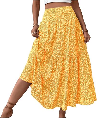 Women's Skirts Women's Summer Comfy Tiered Elastic High Waisted Long Skirt Casual Floral Print A Line Midi Skirts in Kuwait